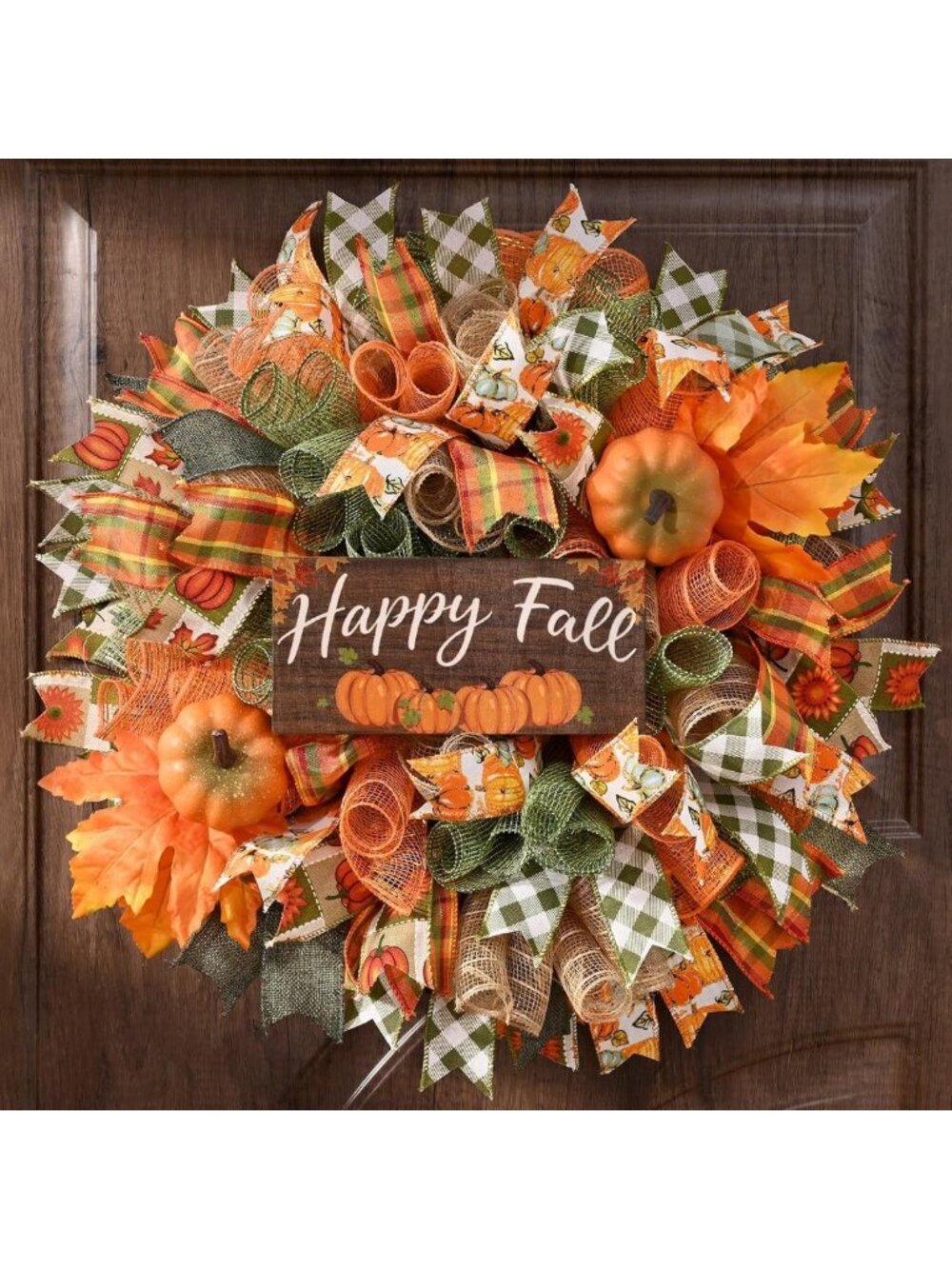 20” Fall Wreath for Front Door - Autumn Decor with Mesh Bow & Wood Sign